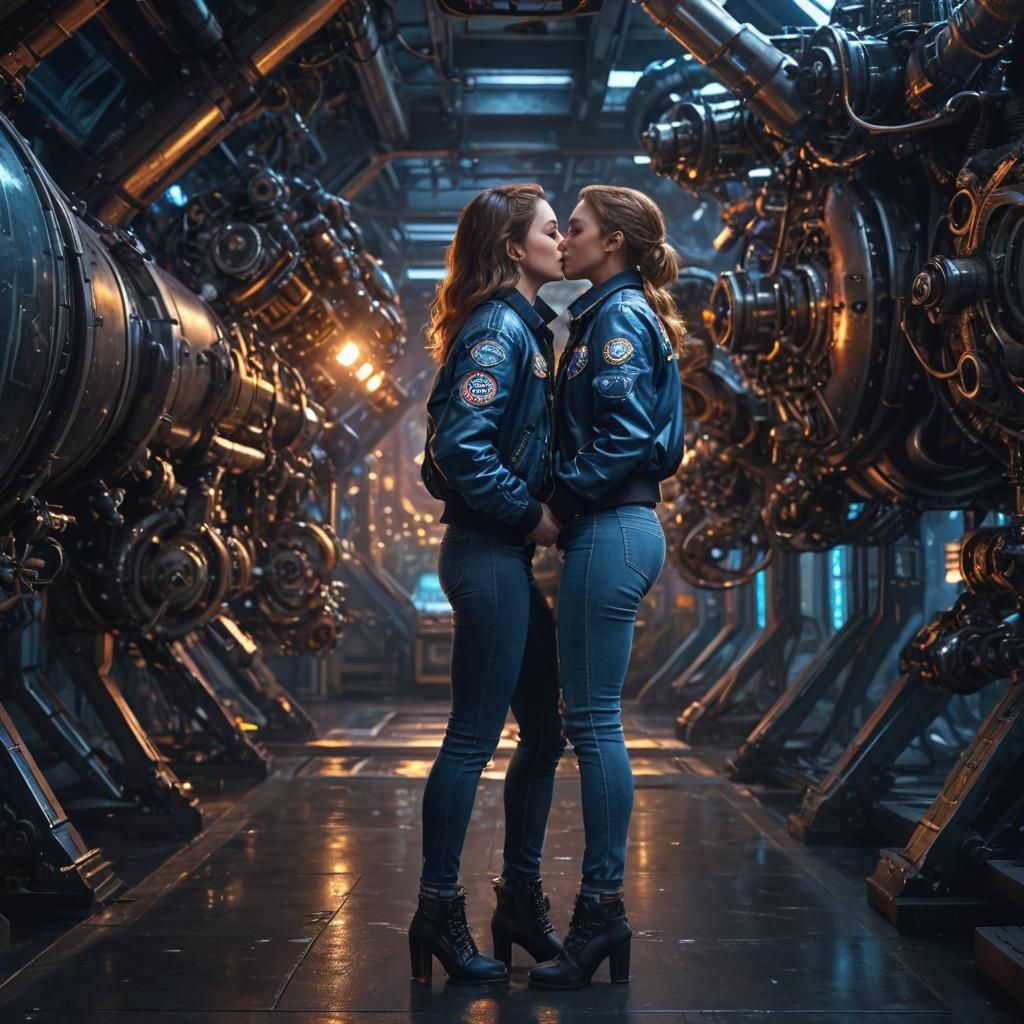 Sci-Fi Kiss: Hyper-Realistic Cyberpunk Illustration