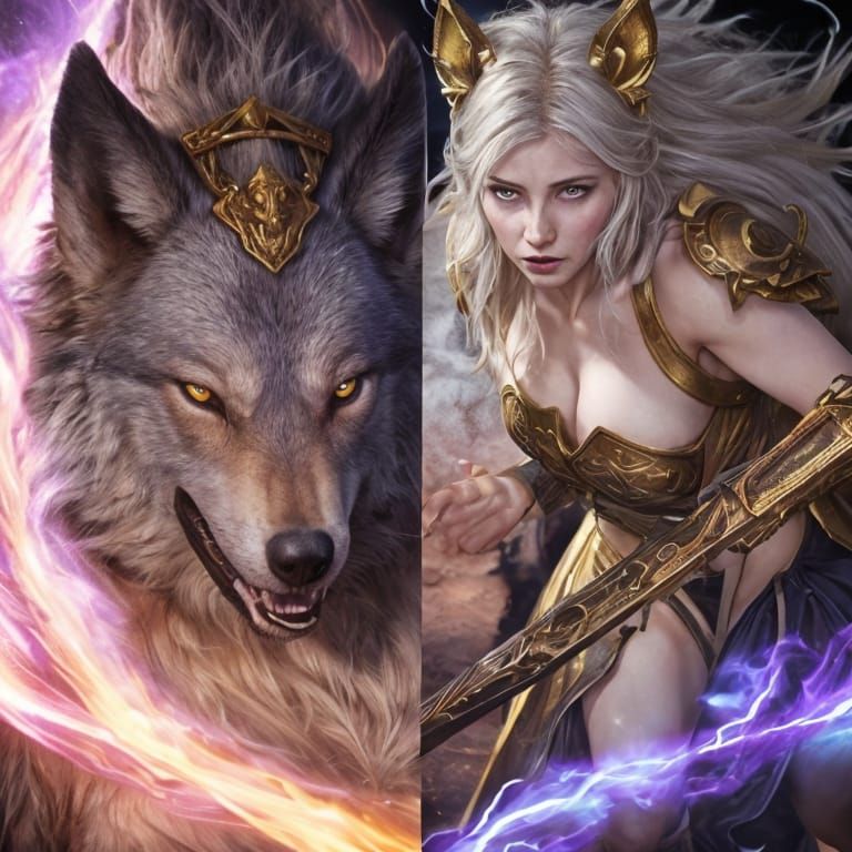 Glowing Warrior Maiden Engages Fierce Wolf in Dark Fantasy B...