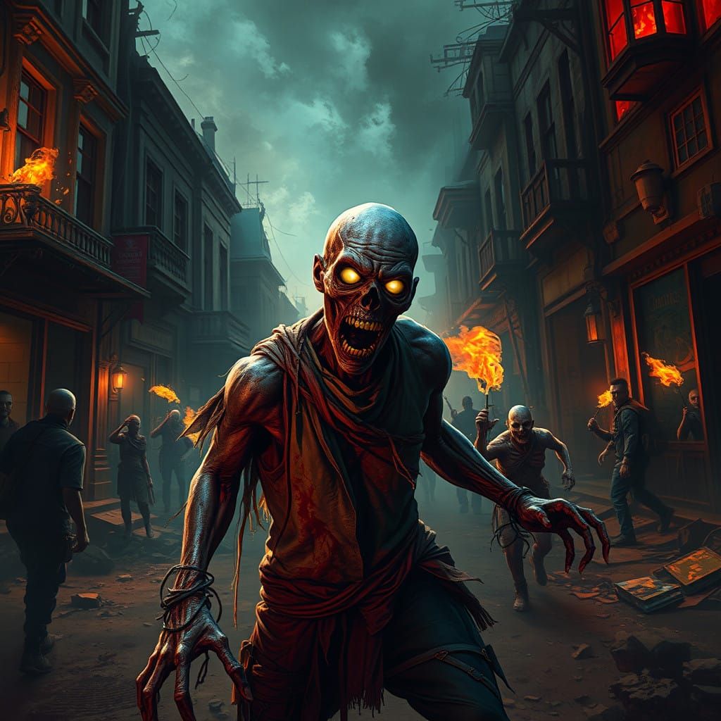 Glowing-Eyed Zombie Fights Undead Horde in Gothic Street