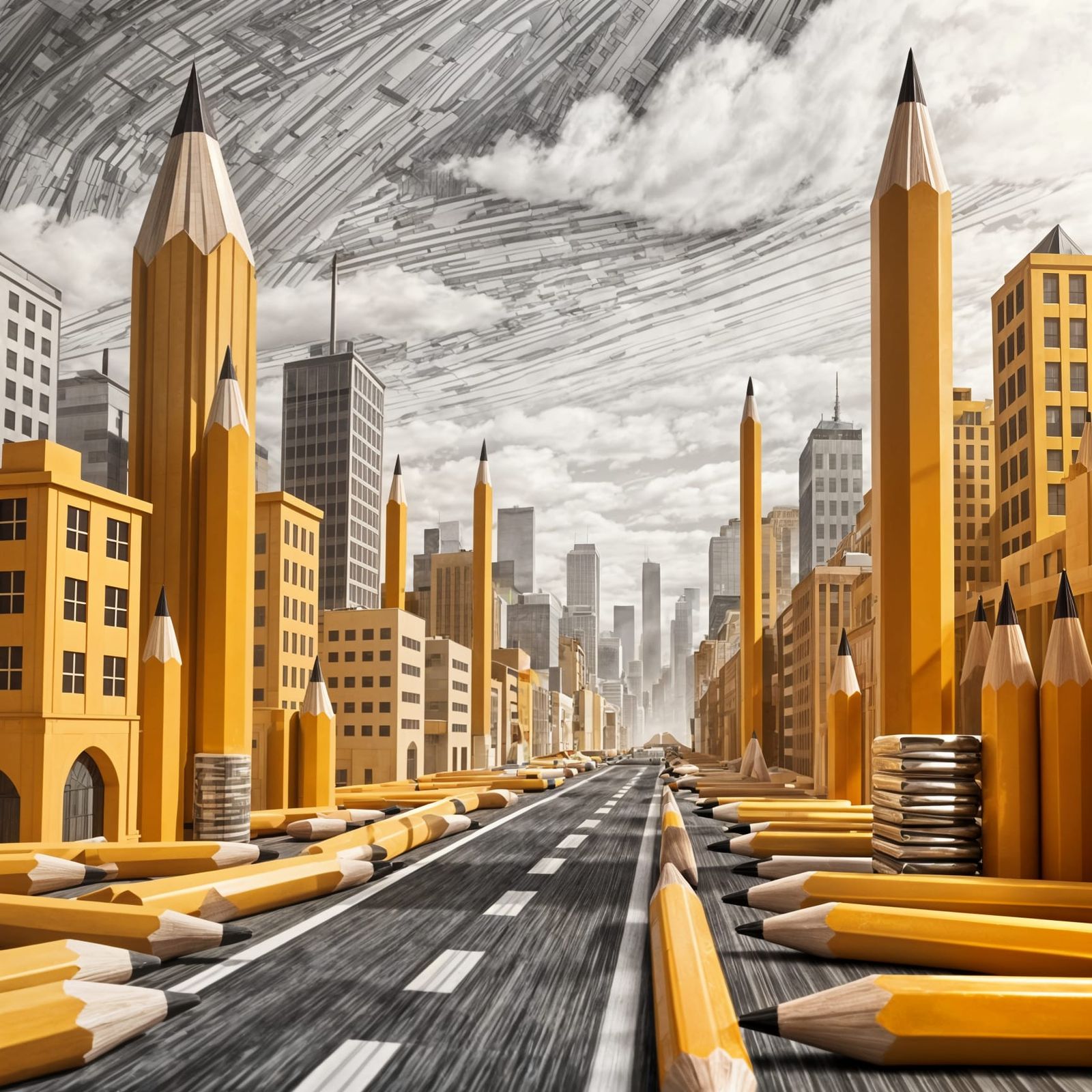 Pencil Cityscape with Graphite Sky