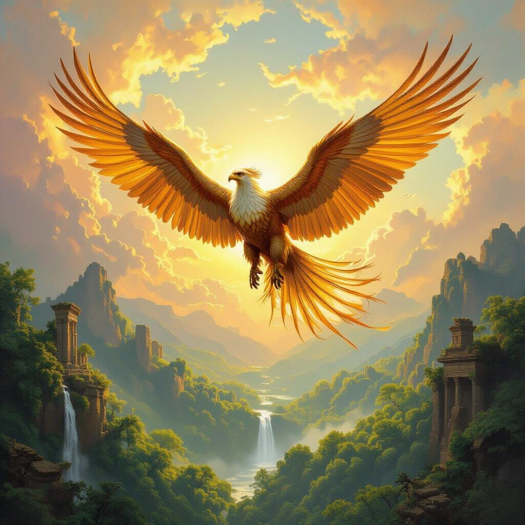 Majestic Griffin Soaring Over Emerald Forest in Classical Oi...