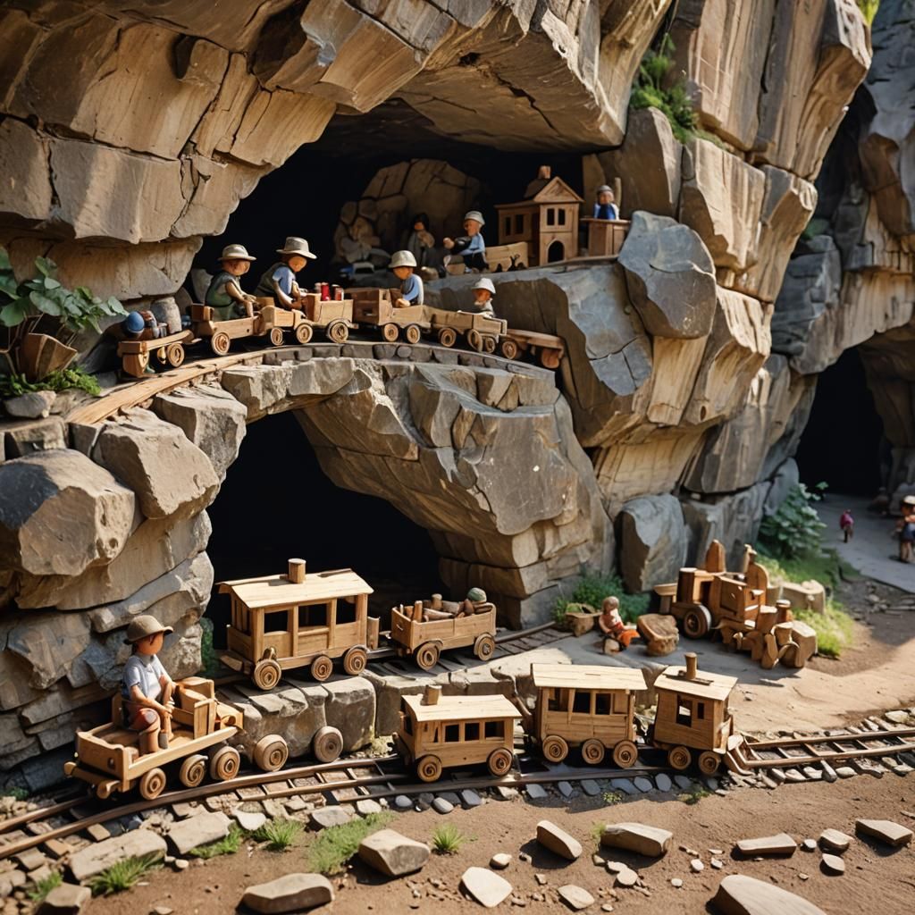 Rustic Stone Train with Wooden Wheels in Cave