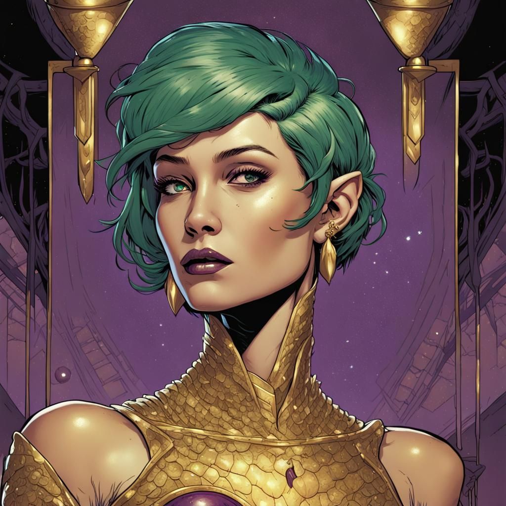 Emerald Alien Woman at Party, Comic Book Art