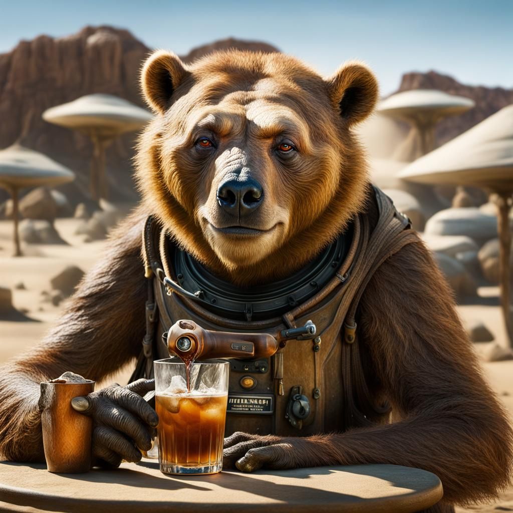 Ursine Alien Drinks at Oasis, Photographic Realism