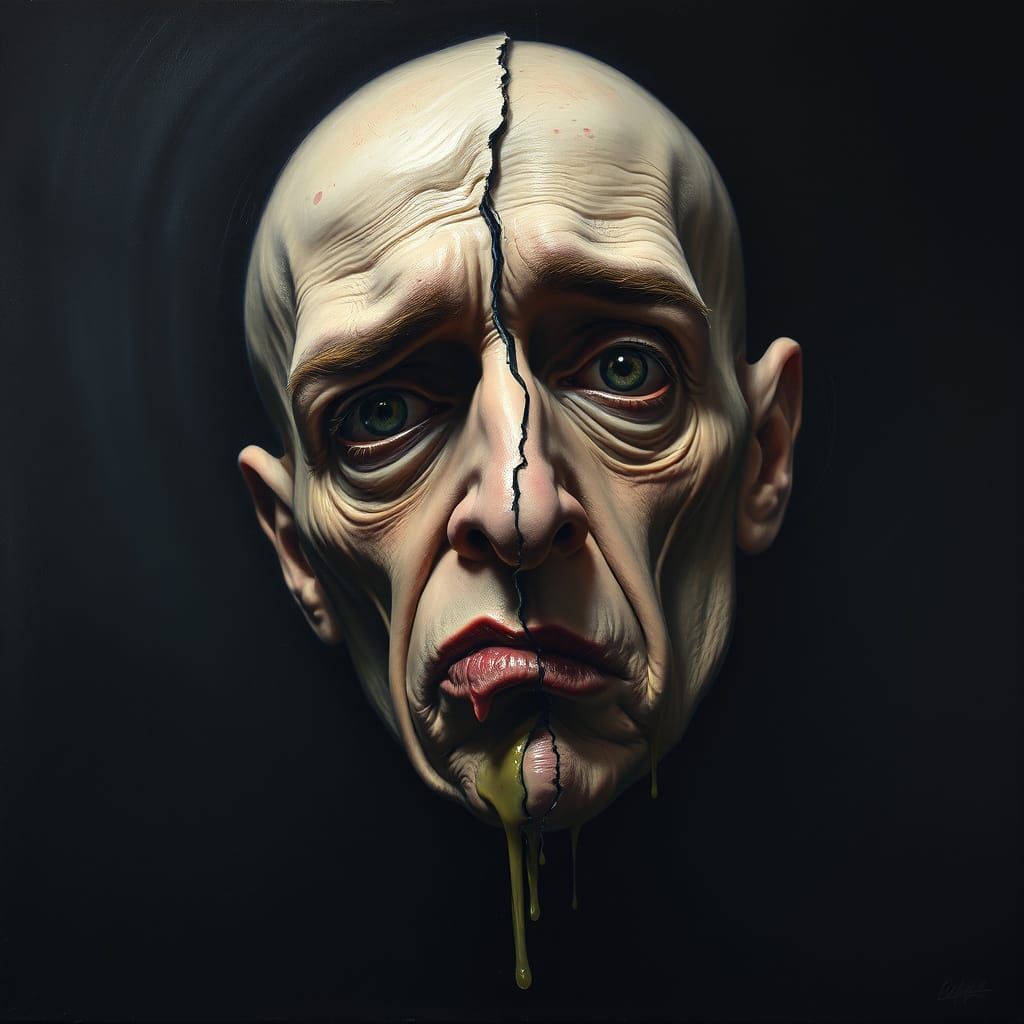 Distorted Human Face Melts into Dark Abyss