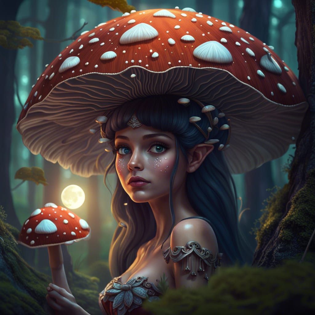 Fairy Girl Under Mushroom Canopy: Fantasy Art