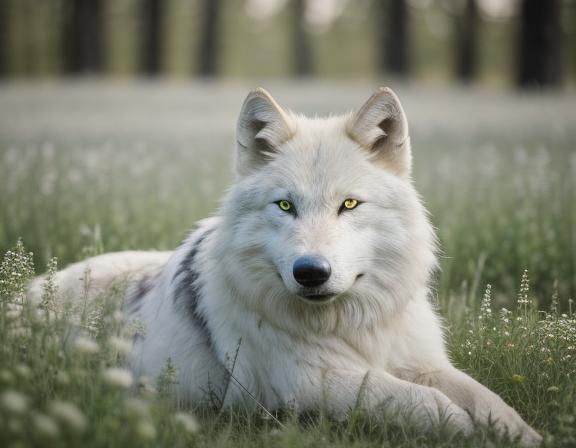 Fluffy White Wolf in Wildflower Meadow