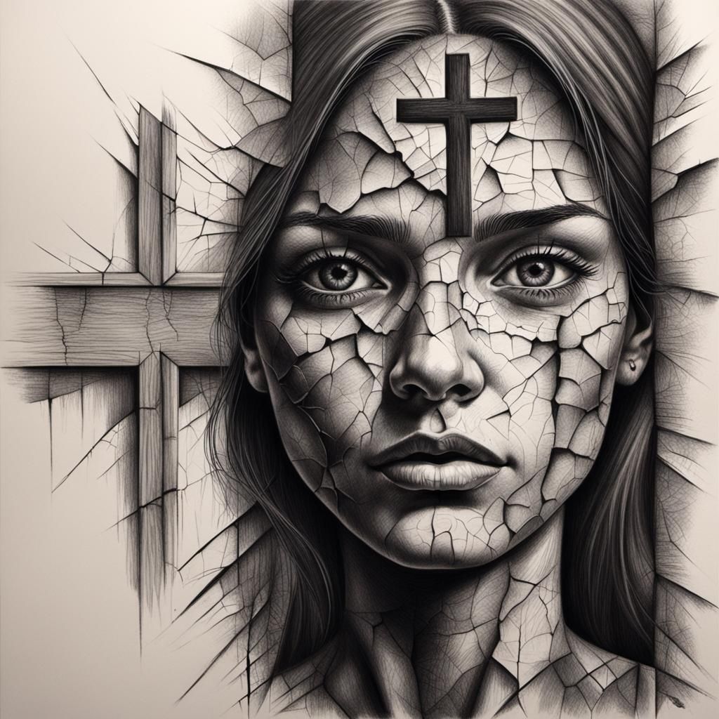 Cracked Face: Hyperdetailed Charcoal Drawing with Cross