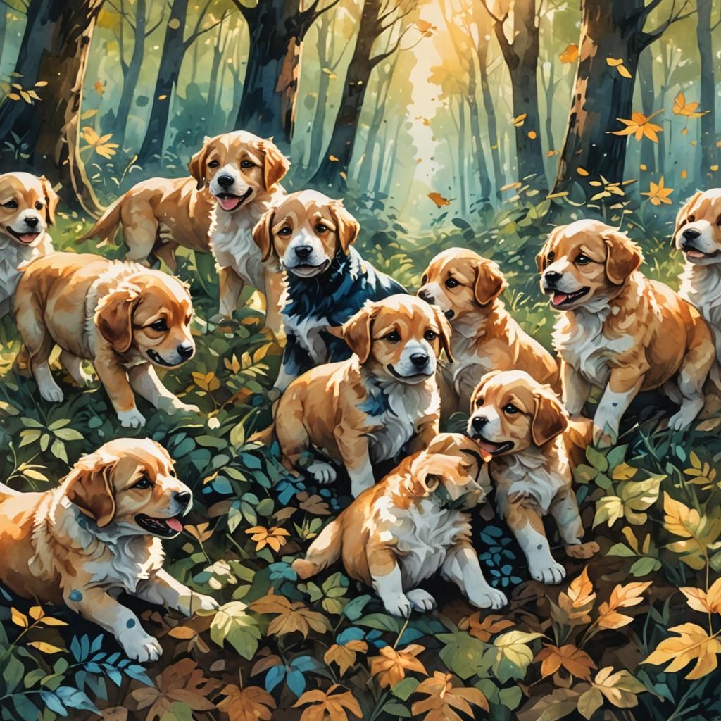 Playful Puppies in Forest, Watercolor and Ink Style