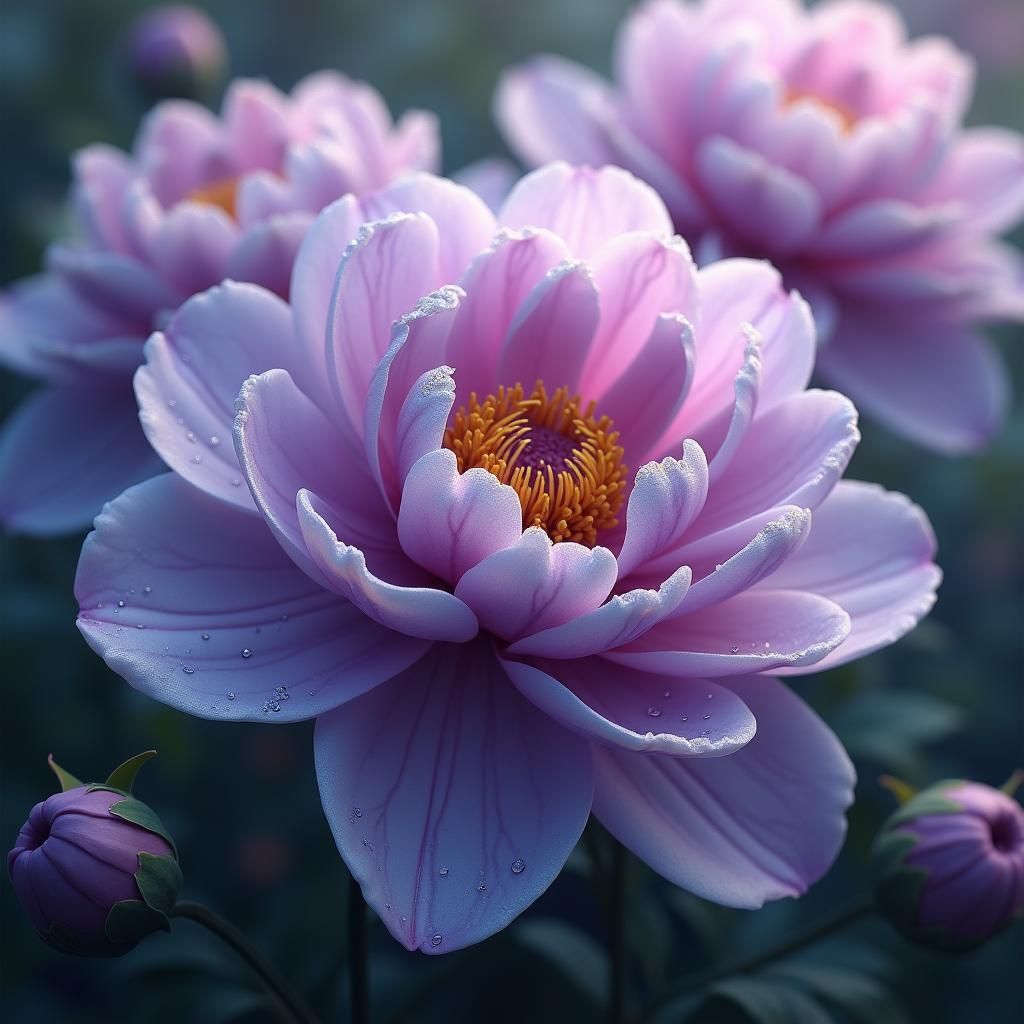 Lavender Peonies with Dew Drops in Detailed Matte Painting