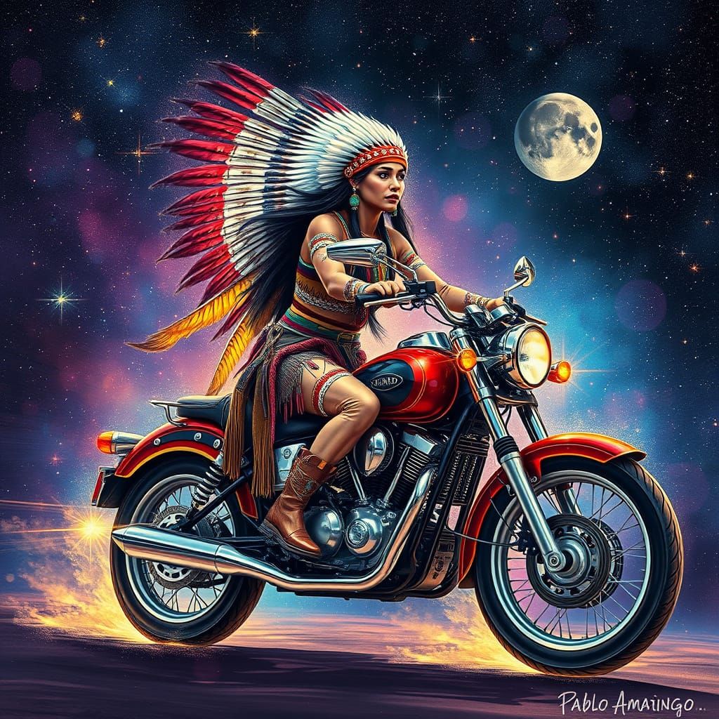 Native American Woman on Motorcycle, Astral Illustration