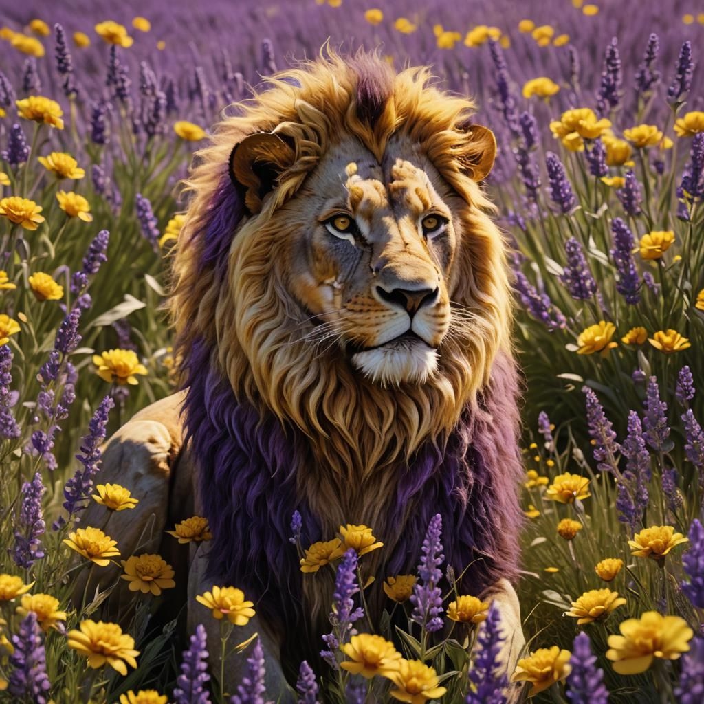 Lion Made of Flowers in Fantasy Landscape
