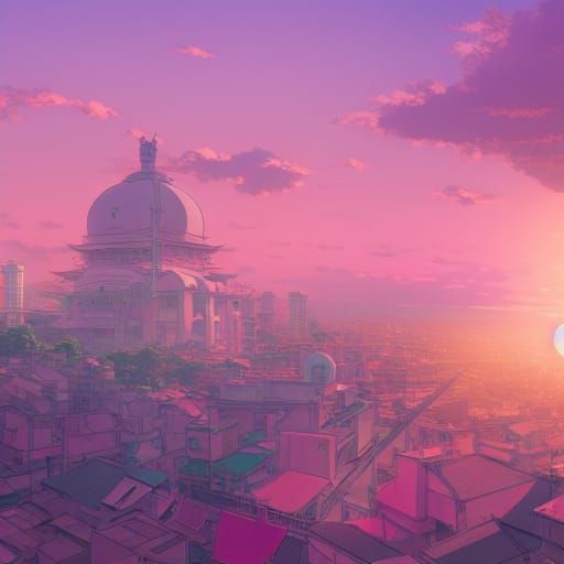 Pink City in Studio Ghibli Anime Style