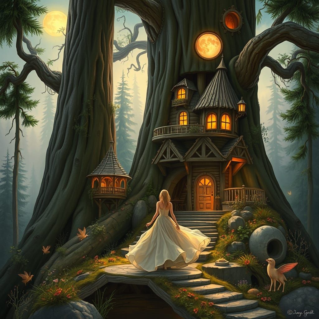 Enchanted Treehouse Village in Ethereal Moonlight
