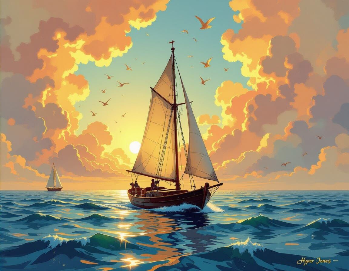 Golden Clouds Guide Tiny Sailboat: Digital Gouache Art
