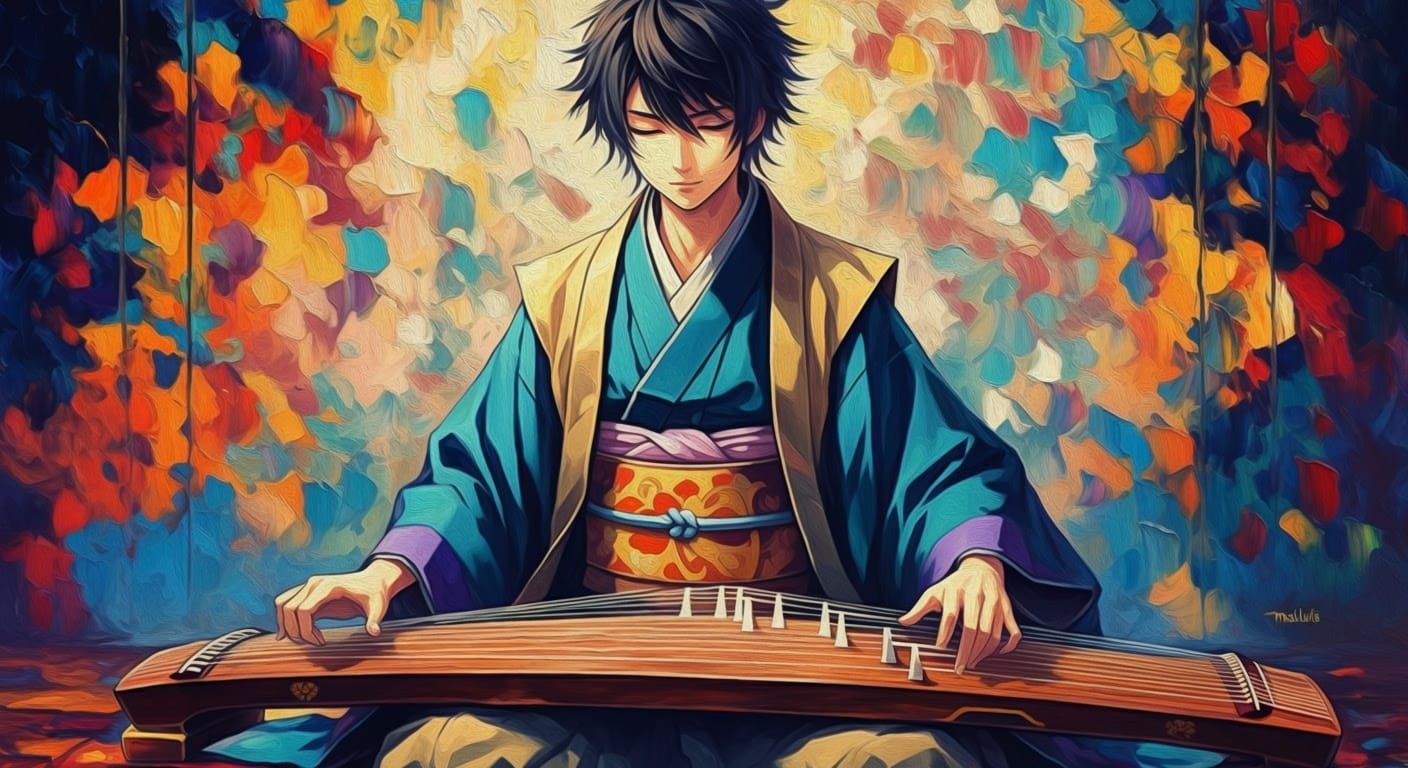 Anime Character Playing Koto in Fauvist Style