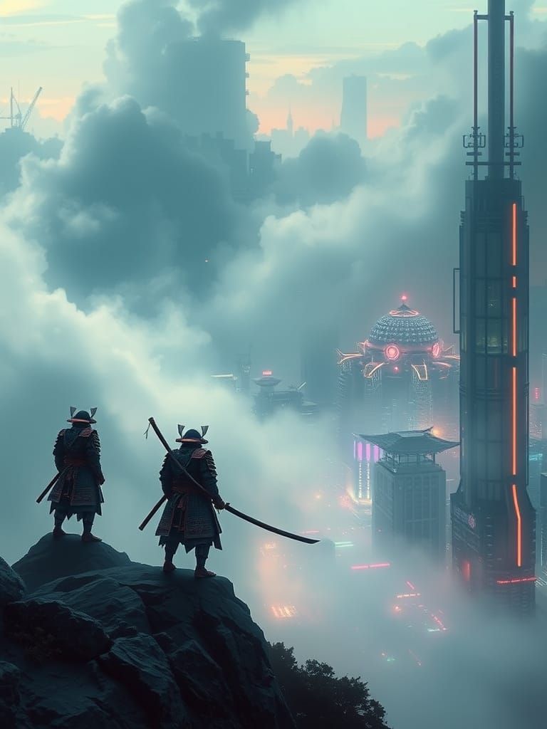 Samurai Warrior Surveys Cyberpunk Metropolis