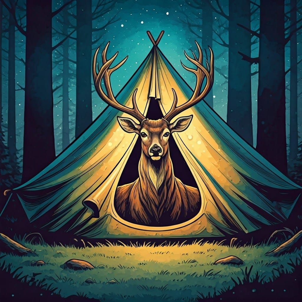 Vintage Whimsical Deer Camping in the Forest