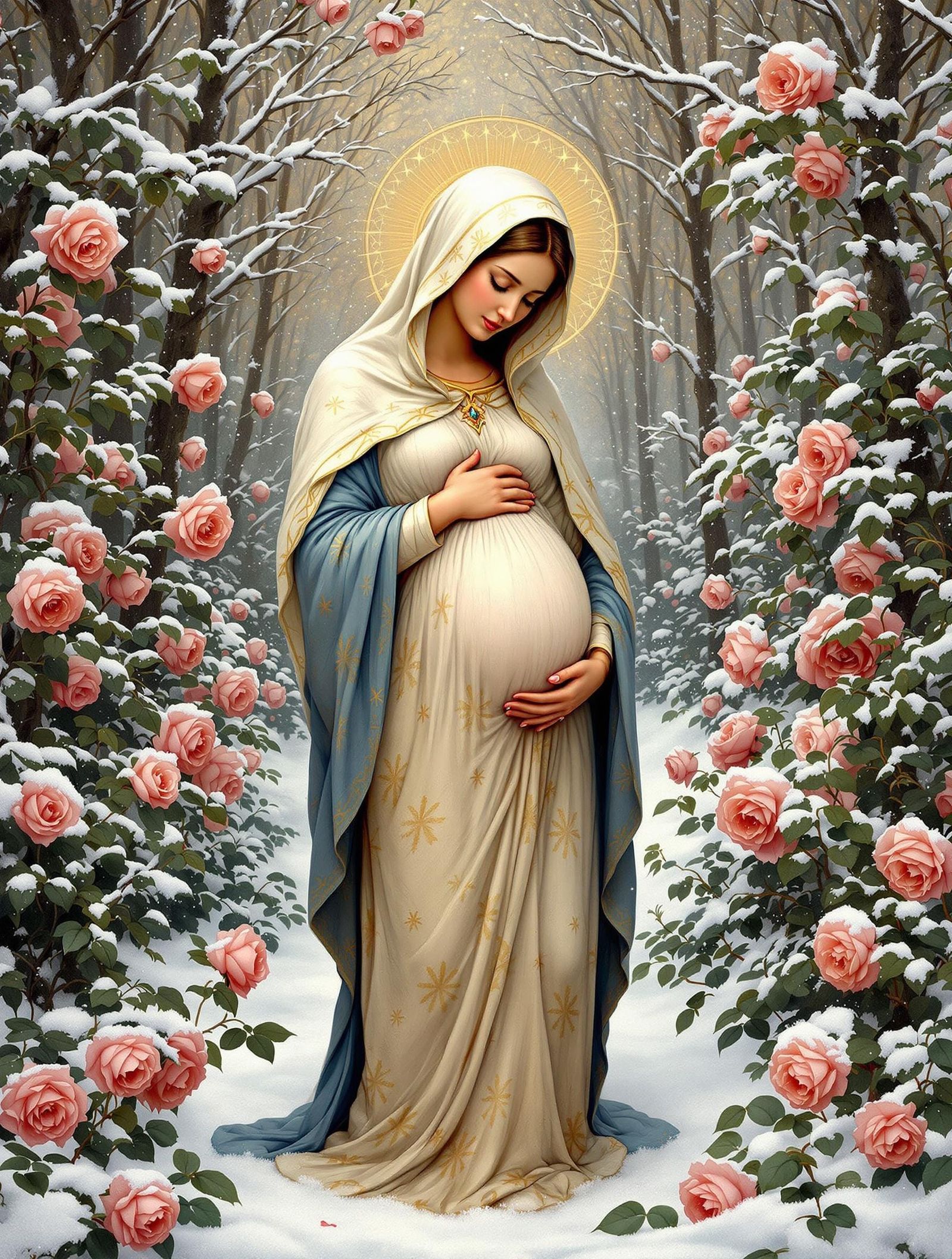 The Virgin Mary Cradles Jesus Amidst a Forest of Roses