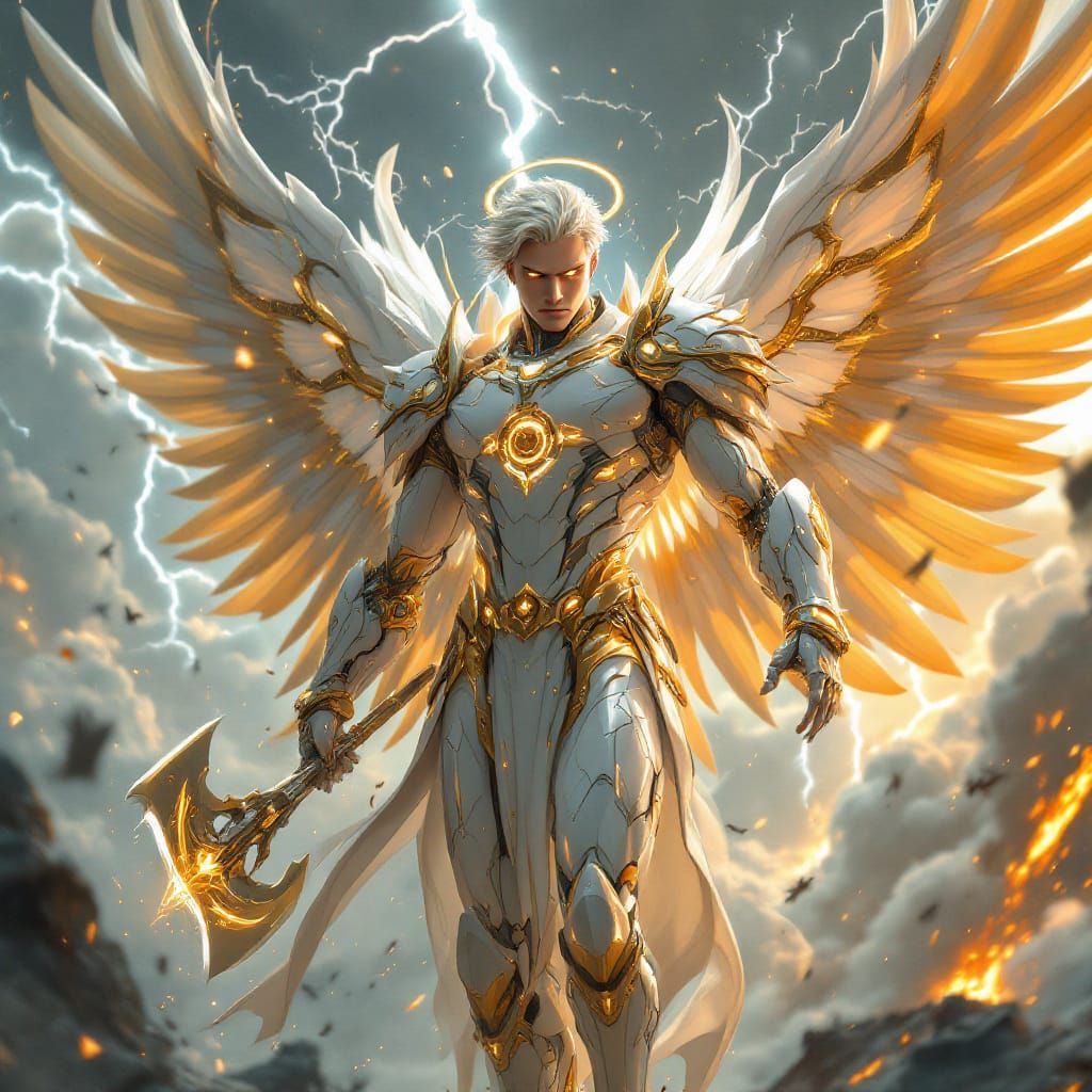 Cybernetic Angel Wields Solar Battle Axe in Heavenly War