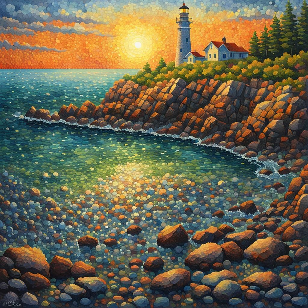 Pointillist Lighthouse on Rocky Beach at Sunset