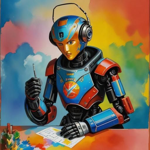 Robot Confused by Math in Gouache Style