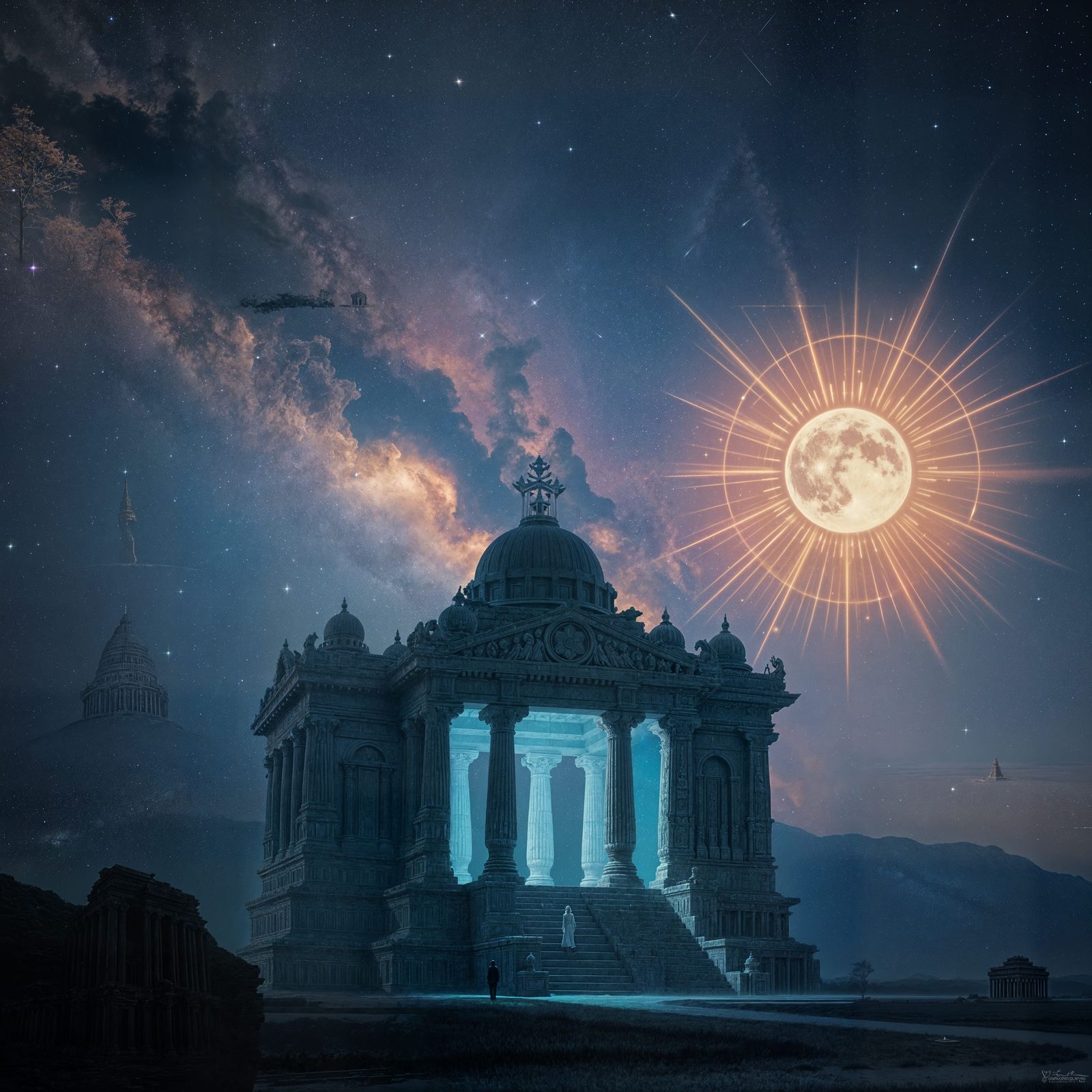 Ancient Temple Silhouetted Against Starry Sky