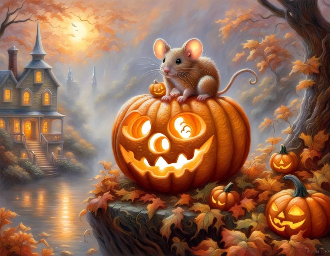 Mice Atop Intricate Jack-O'-Lantern in Ethereal Fantasy Styl...
