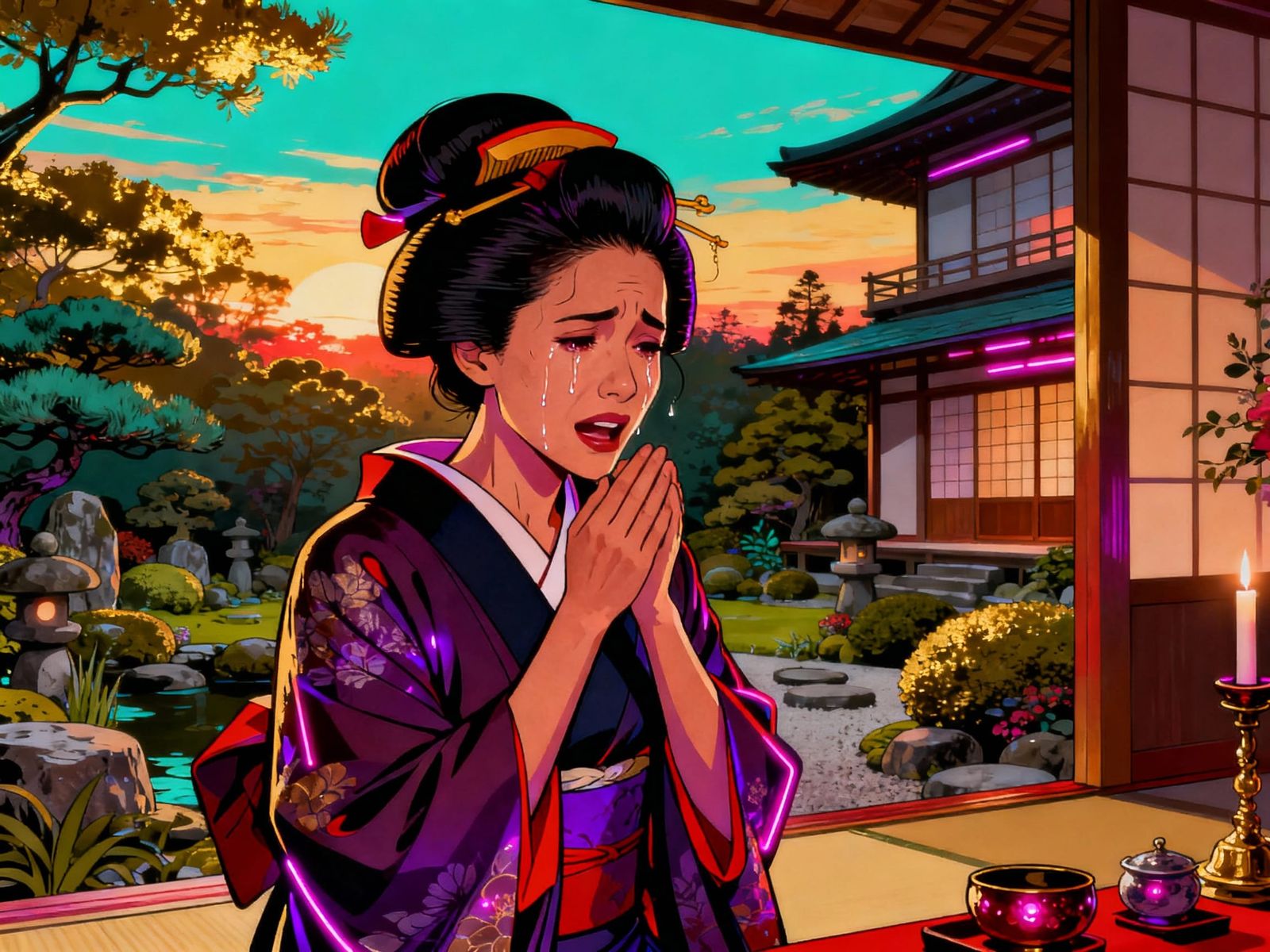 Vibrant Geisha Retirement Ceremony in Neon Light