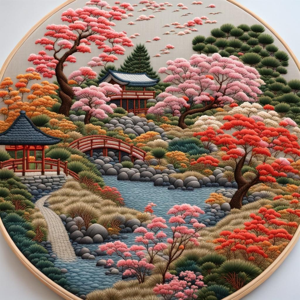 Colorful Japanese Spring Garden Embroidery Art