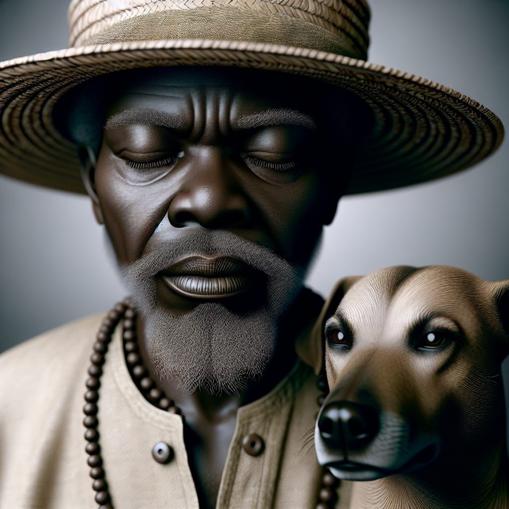 realistic healthy meditating human Papa Legba Haitian Loa wearing Straw hat with his dog