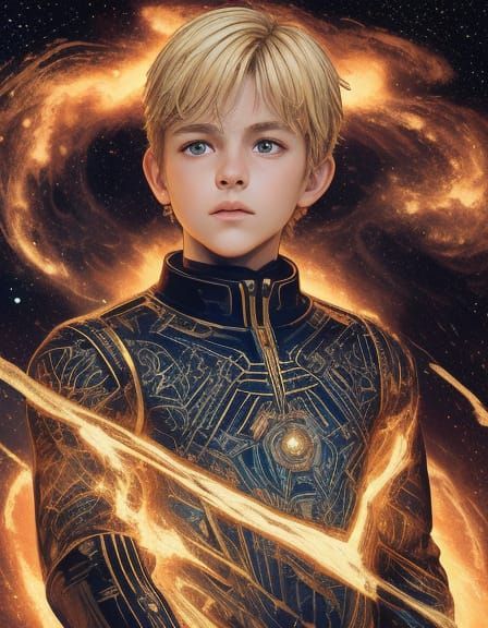 Child Flies Through Nebula in Naive Linocut Style