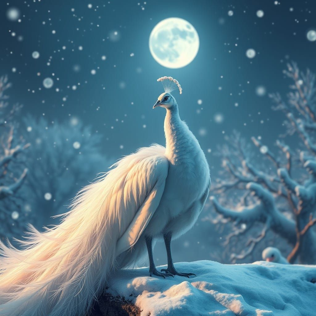Ethereal Snow Night with Majestic White Peacock