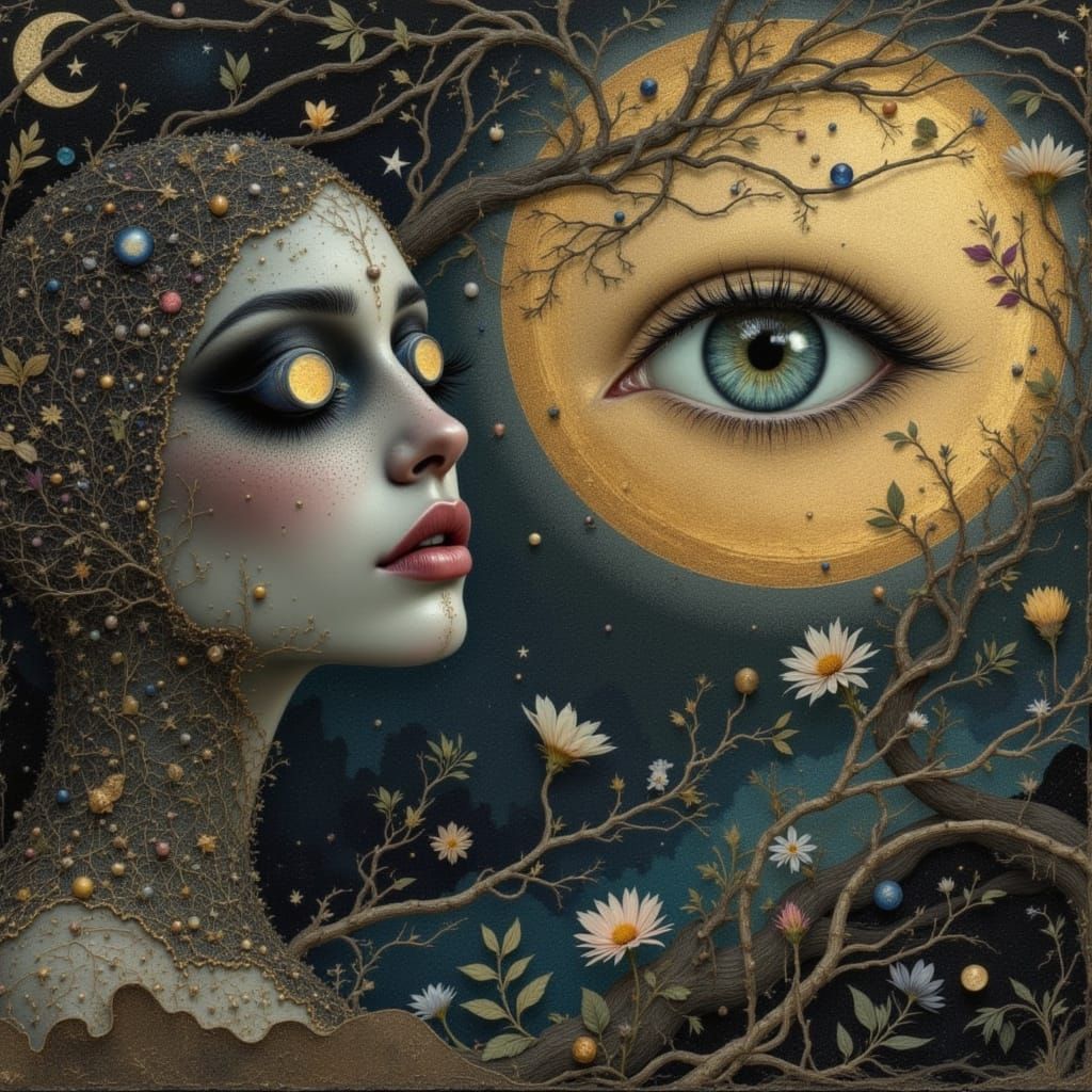 Surreal Dreamscape with Gleaming Eyes in Moonlight