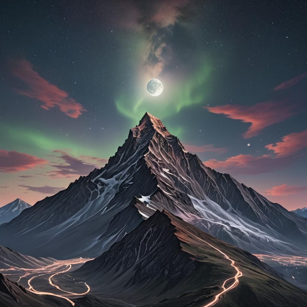 Mountain Peak Reaching for the Moon: Elegant Digital Art