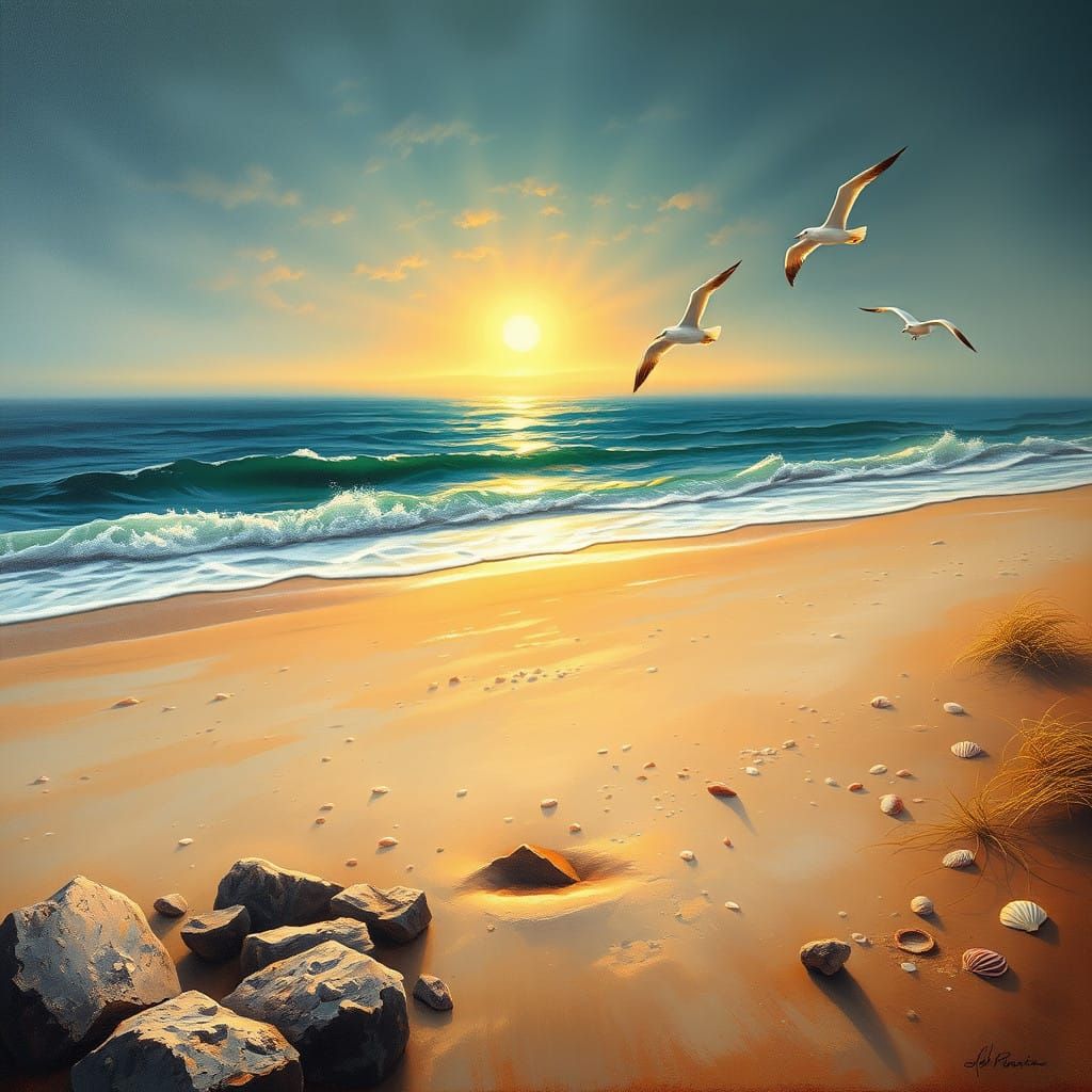 Serene Sandy Beach at Dawn in Neoclassical Oil Painting Styl...