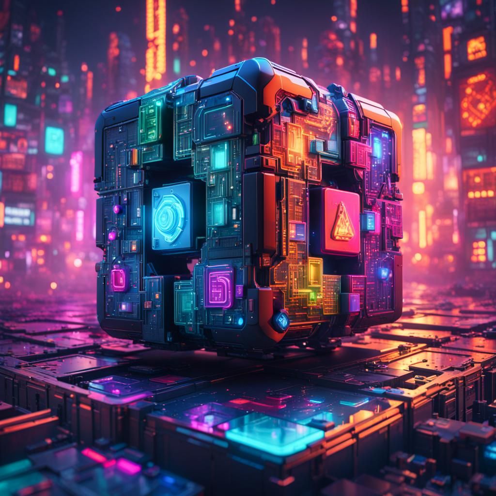 Cyberpunk Miniworld Inside a Neon Rubik's Cube