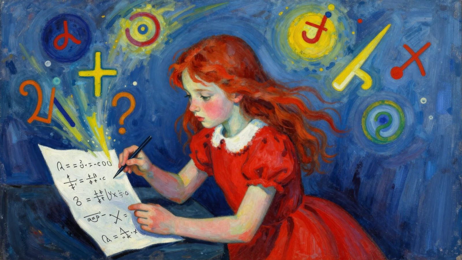 Girl Contemplating Math Symbols in Expressionist Style