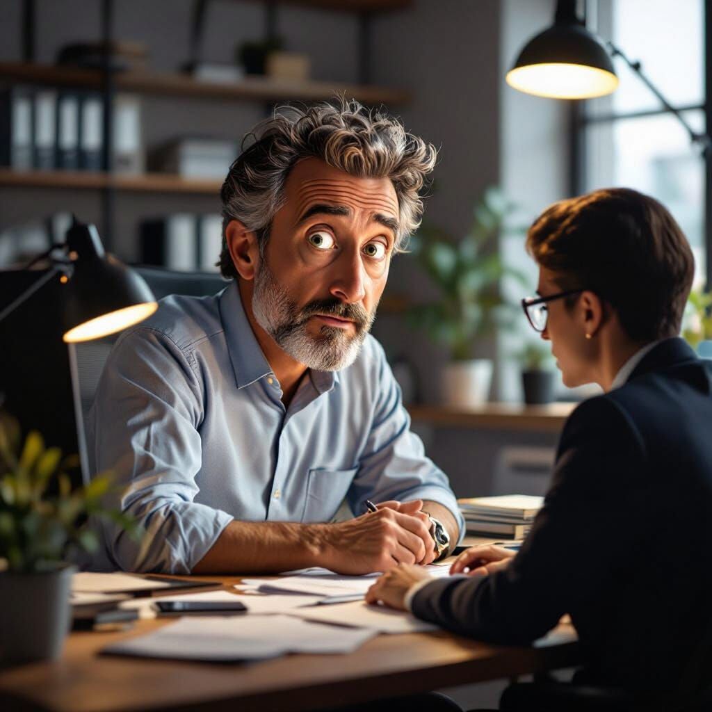 Fearful Director Glances at Minister in Dramatic Office