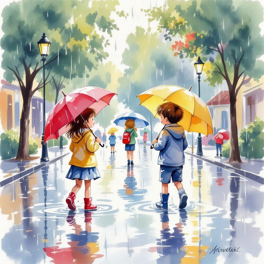 Children Play in Puddles on Rainy Day Watercolor