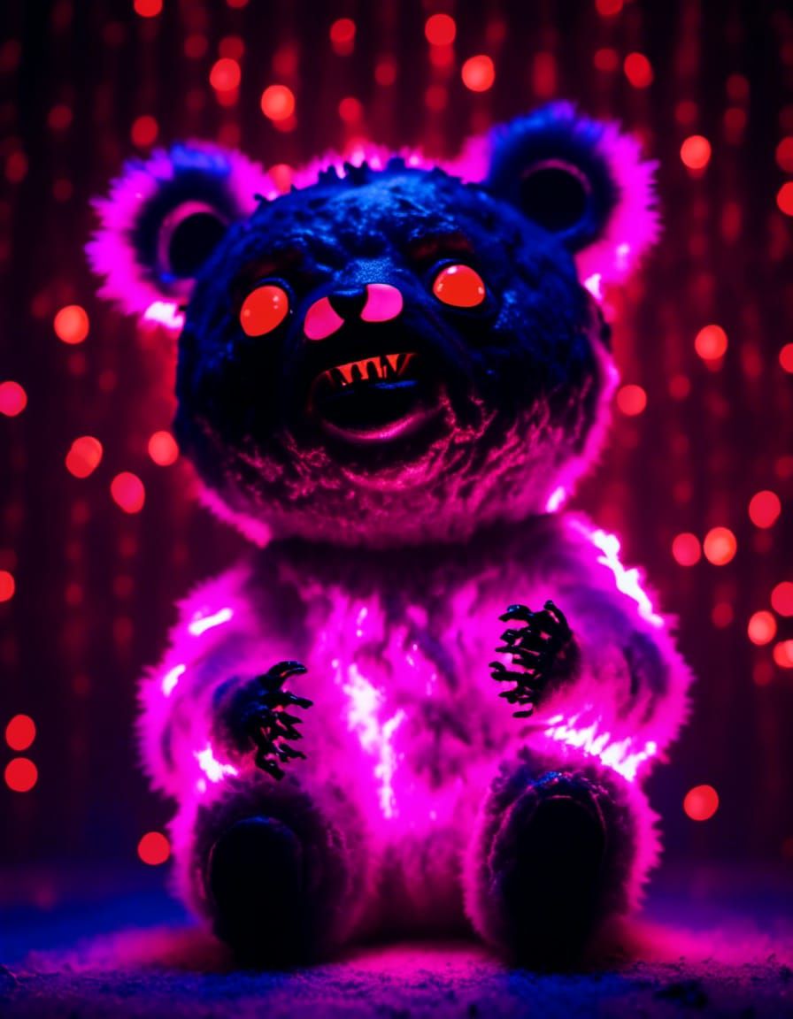 Creepy Chibi Imp Bear Portrait in UV Blacklight