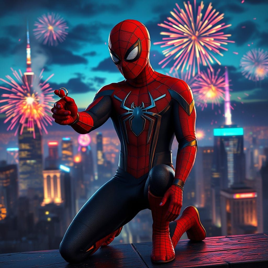 Spider-Man Proposes in a Vibrant, Dreamlike Cityscape