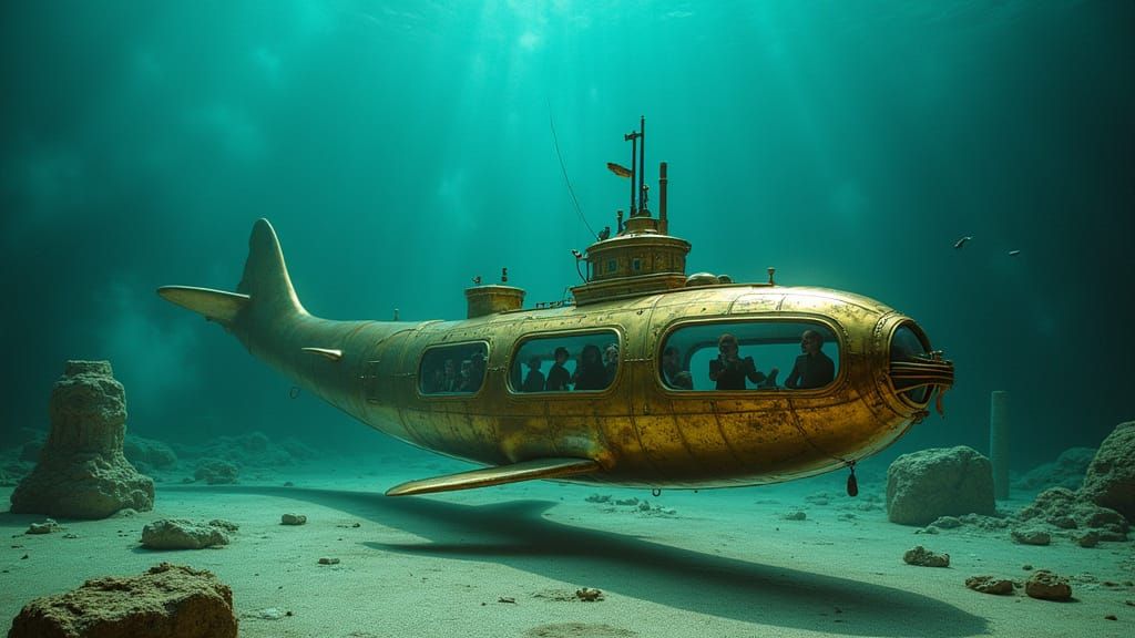 Steampunk Dolphin Submarine Exploring Ancient Ruins