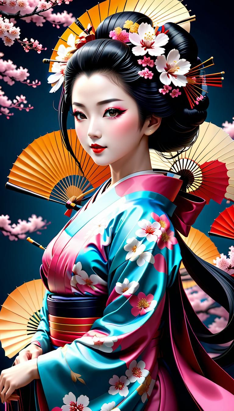 Beautiful Geisha Portrait with Abstract Fractal Details