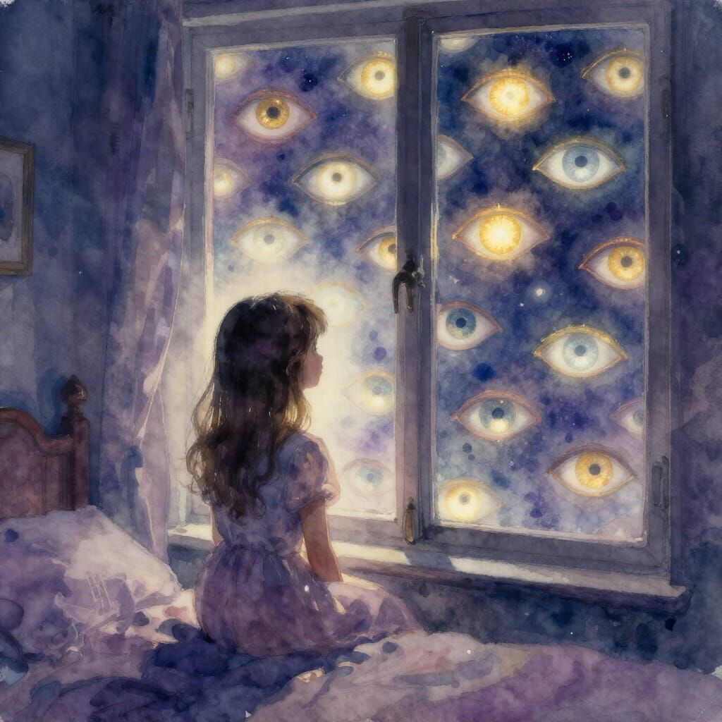 Girl Sees Thousands of Eyes Staring From Window in Watercolo...