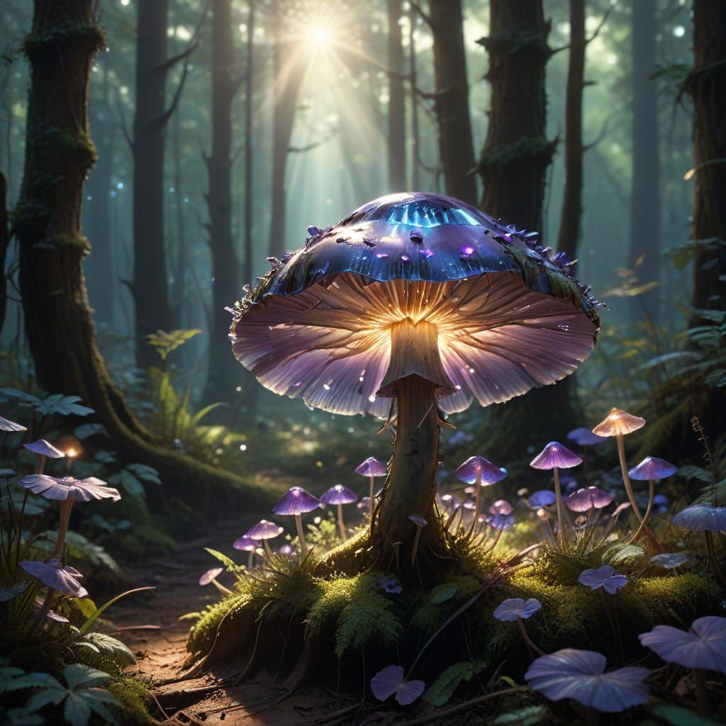 Bioluminescent Purple Mushroom in Sunlit Forest