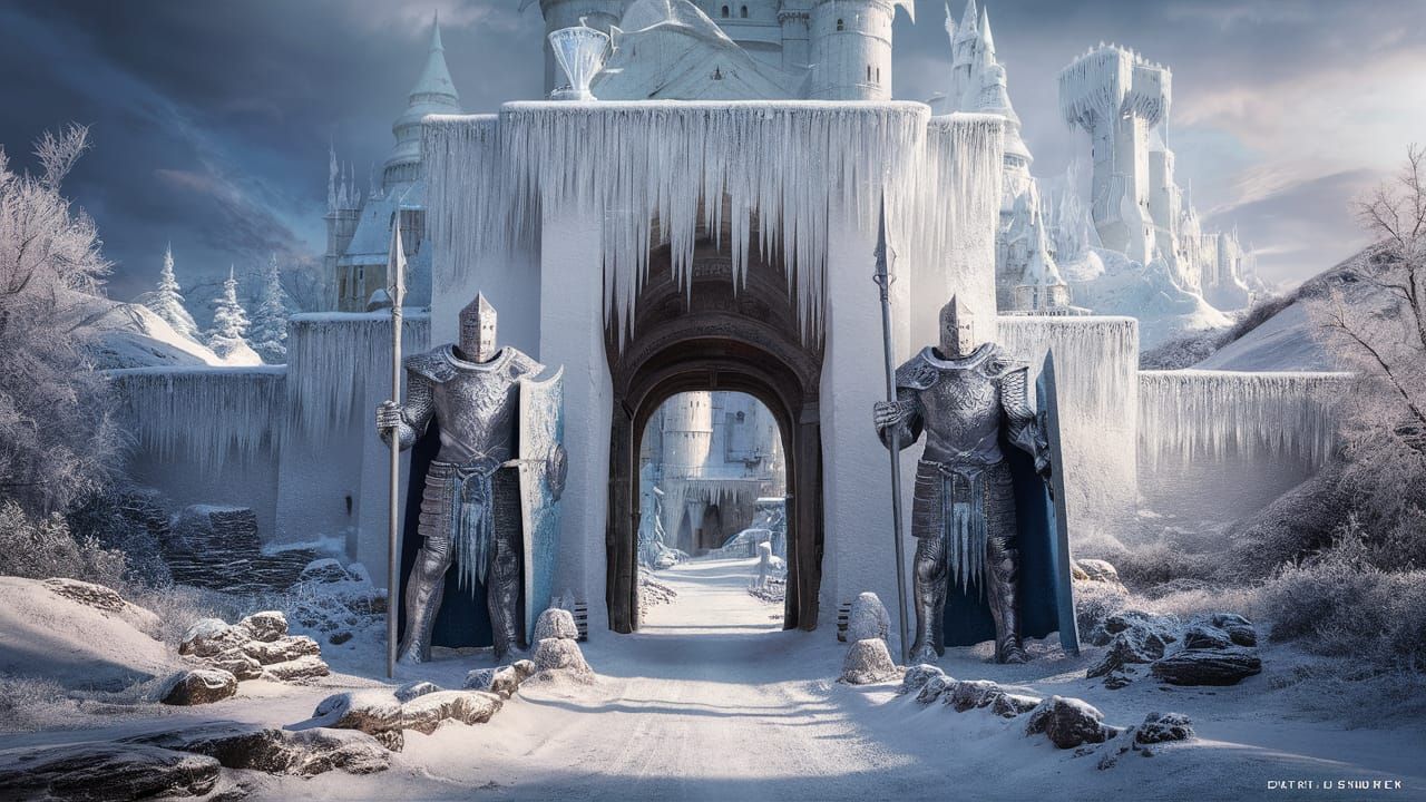 Majestic Winter Castle Guardians in Hyperrealistic Style