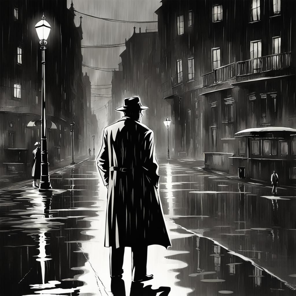 Film Noir Detective in Rainy Street, German Expressionism