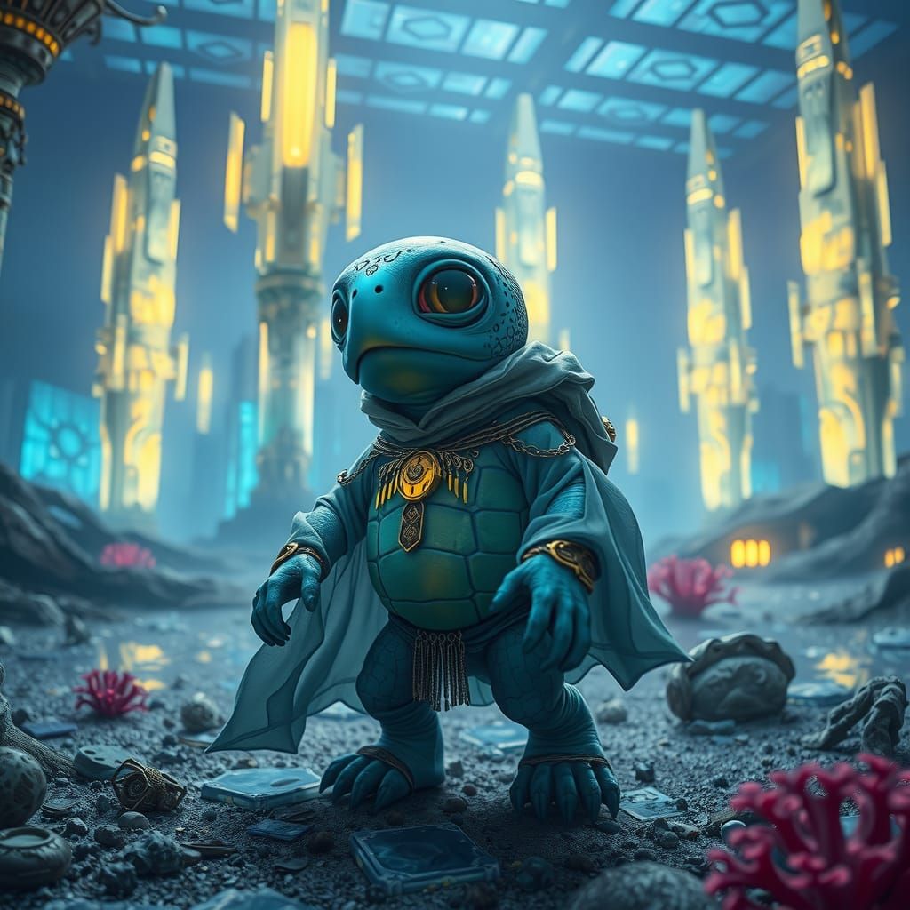 Enchanting Alien Turtle in Underwater Cityscape