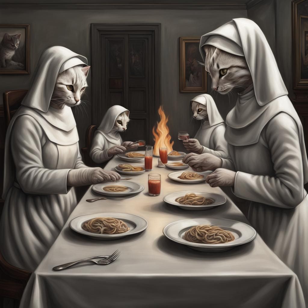 Tabby Cat Nuns' Dinner: Hyperdetailed Monochromatic Art